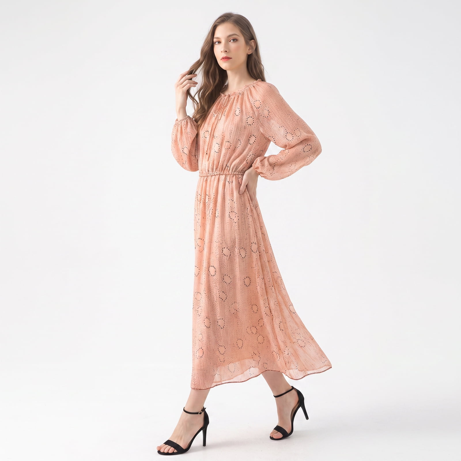 Alvantor Women's Boho Midi Dress, Long Sleeve Smocked Waist, Coral Multi