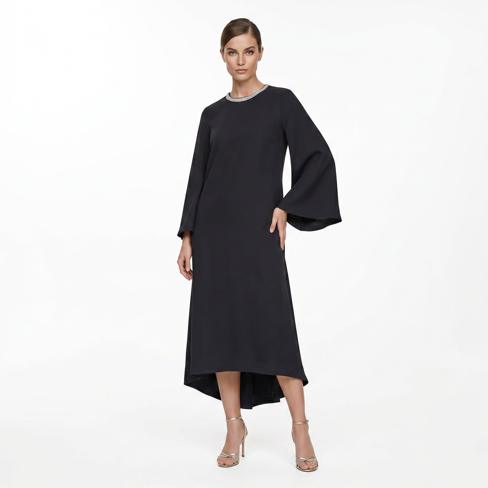 Alvantor Women's Cape Sleeve Midi Dress with Trimmed Neckline, Black