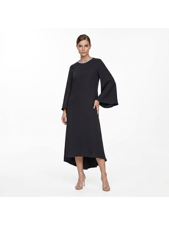 Women's Cape Sleeve Midi Dress with Trimmed Neckline, Black
