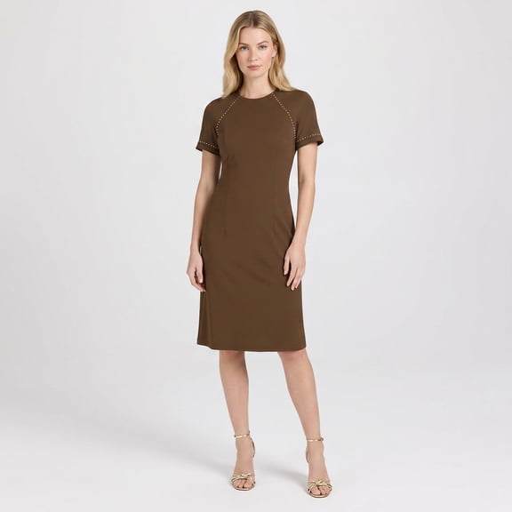 Alvantor Women's Dot Trim Short Sleeve Shift Dress, Oxblood Red