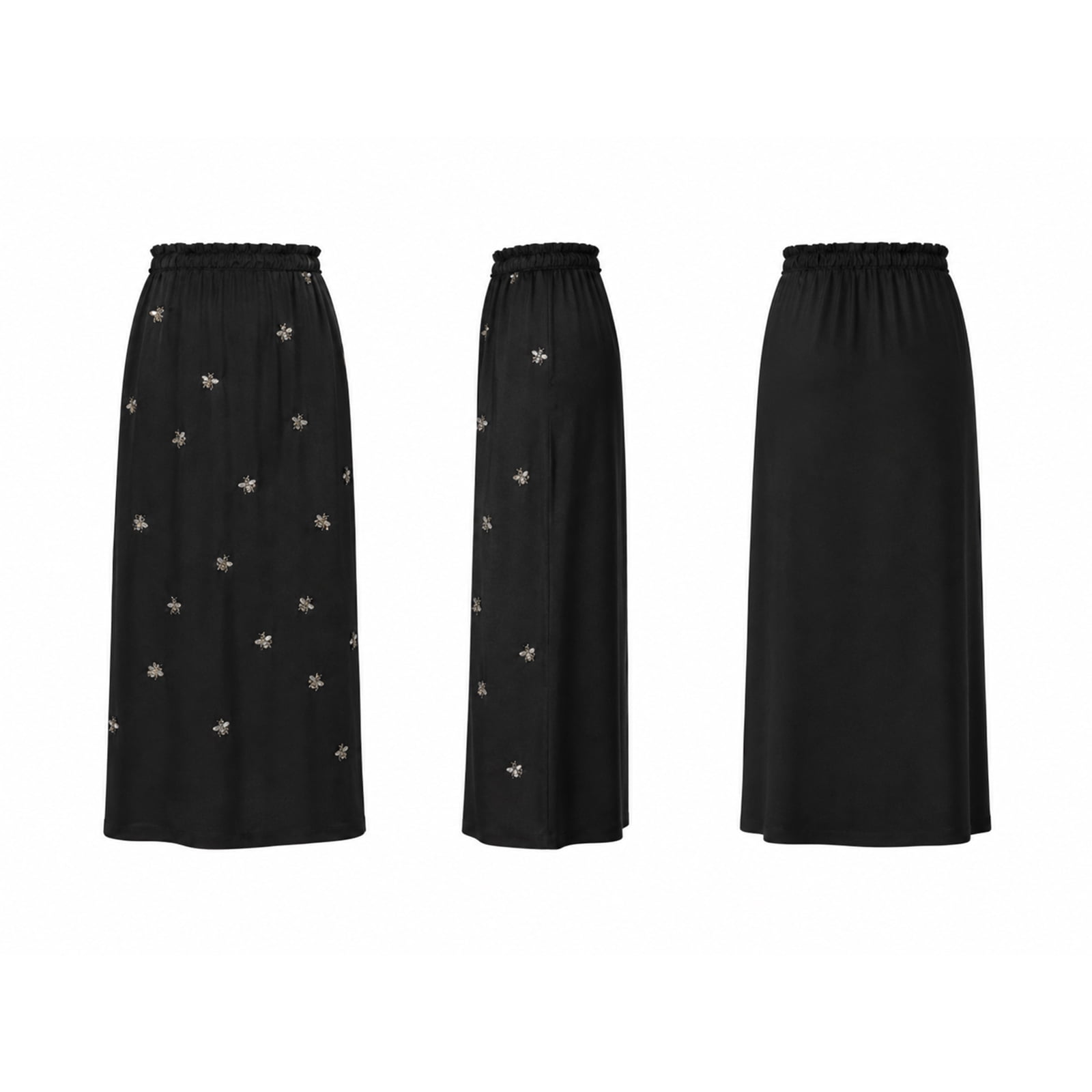 Alvantor Women's Embellished Midi Skirt, Pull-On Style with Gathered Waist and Stretch Lining, Black