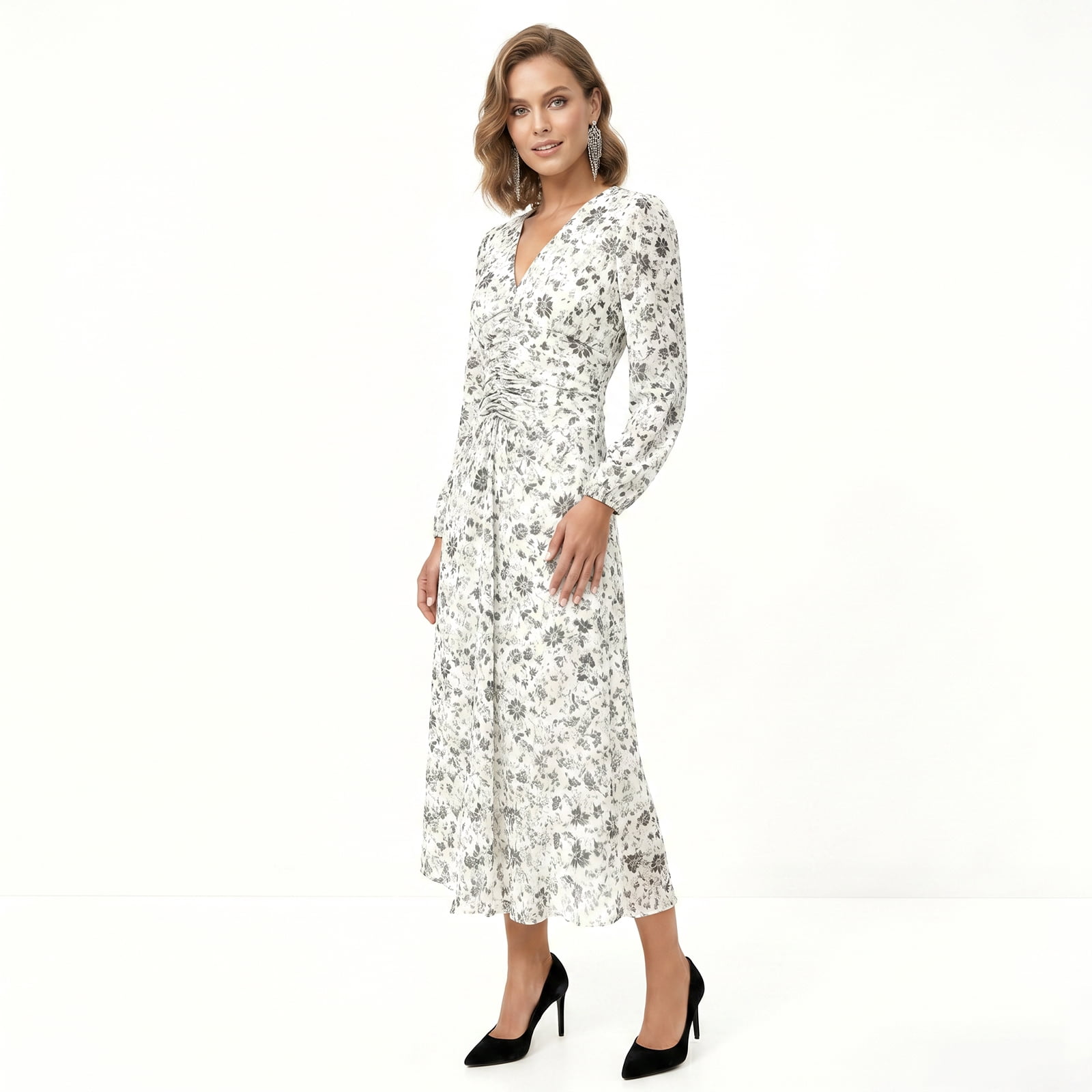 Alvantor Women's Ivory Multi Floral Midi Dress with V-Neck, Long Sleeves and Ruched Waist