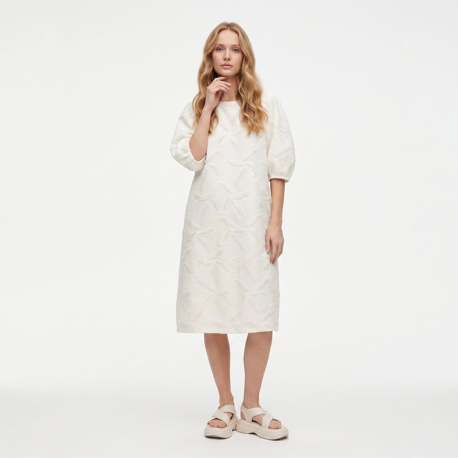 Alvantor Women's Puff Sleeve Jacquard Shift Dress, White