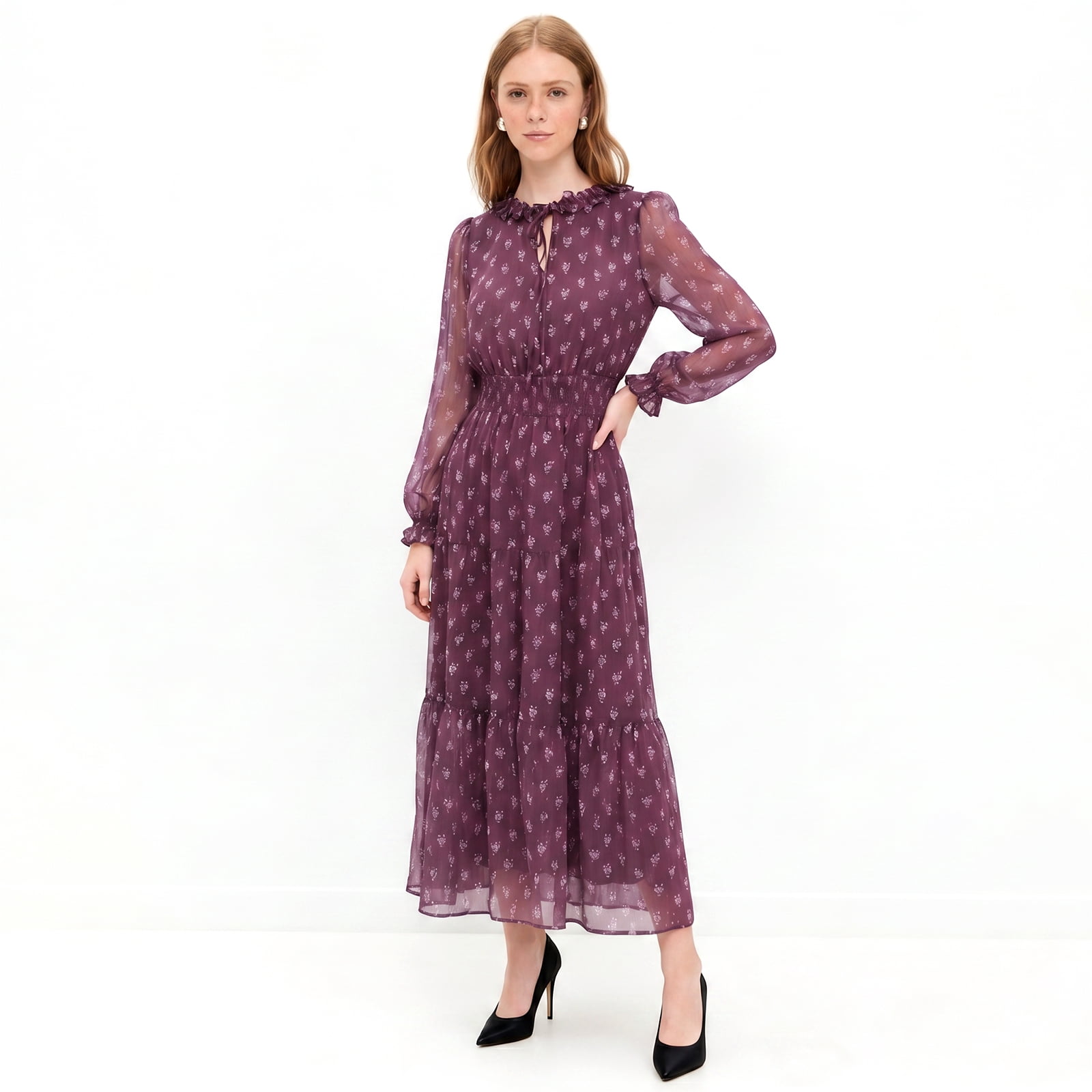 Alvantor Women's Midi Dress, Long Sleeve Ruffle Tie Neck Smocked Waist Tiered Jacquard, Burgundy Multi