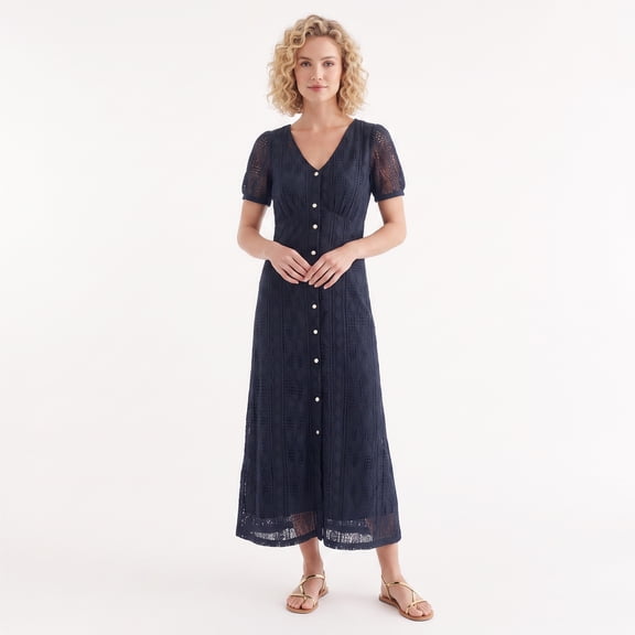 Alvantor Women's Navy Lace Maxi Dress with V-Neck, Short Puff Sleeves and Button Front