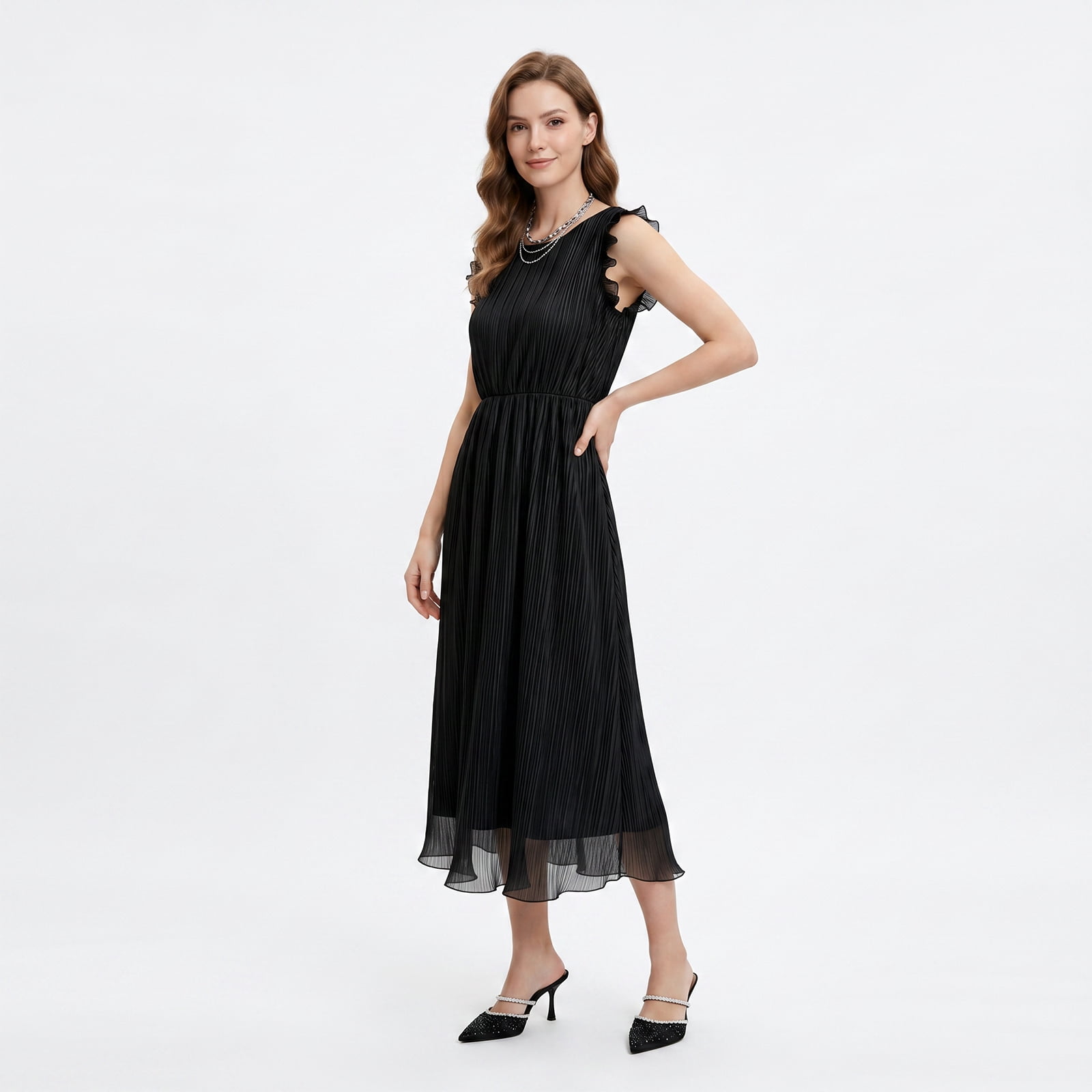 Alvantor Women's Pleated Midi Dress with Ruffle Sleeves, Black