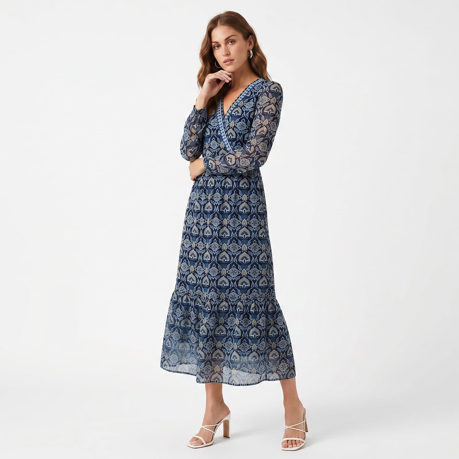 Alvantor Women's Printed Midi Dress, V-Neck Gathered Sleeve Tiered Style, Blue Multi