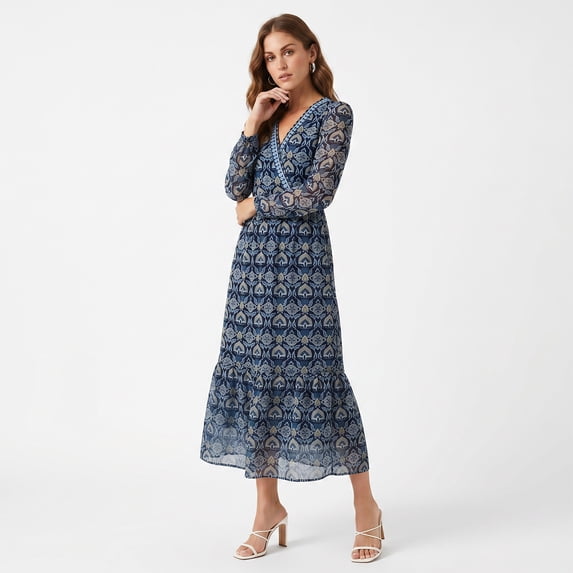 Alvantor Women's Printed Midi Dress, V-Neck Gathered Sleeve Tiered Style, Blue Multi