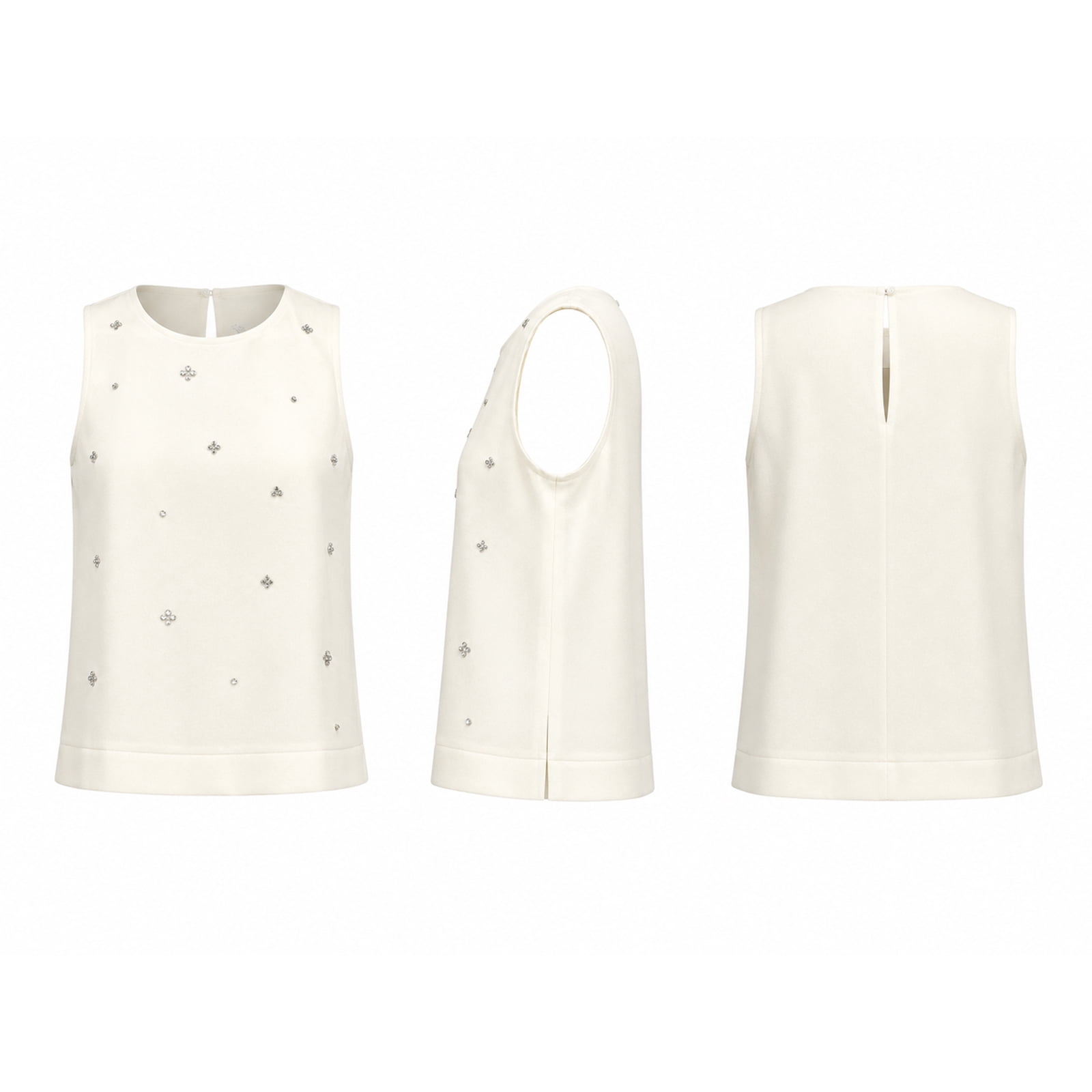 Alvantor Women's Sleeveless Blouse, Embellished Crew Neck Stretch Top with Keyhole Back, Ivory