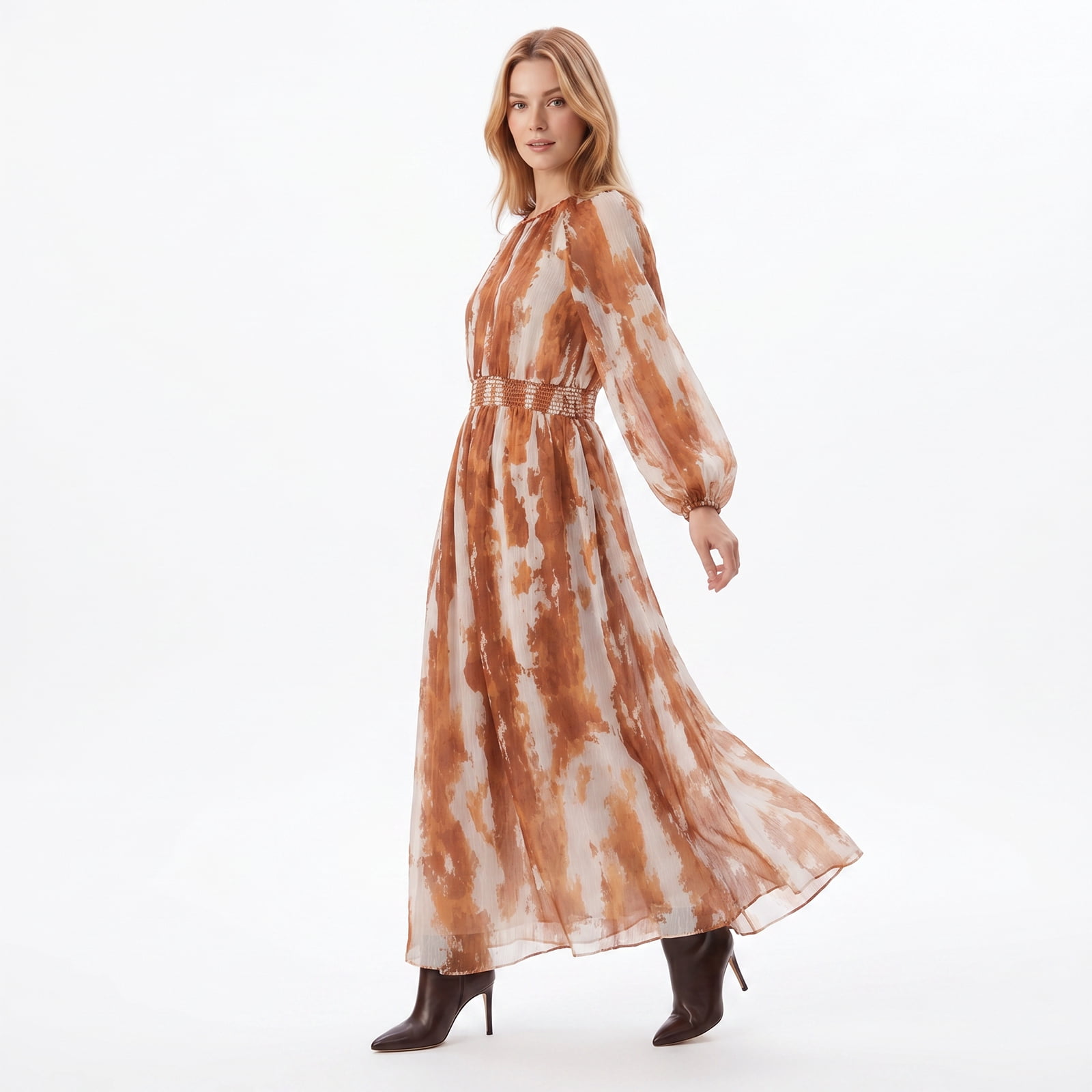 Alvantor Women's Smocked Waist Long Sleeve Maxi Dress, Orange Multi