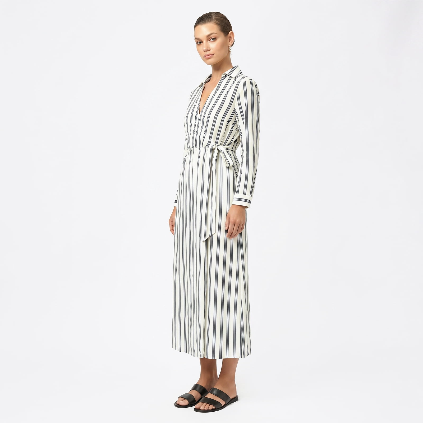 Alvantor Women's Striped Shirt Dress, Long Sleeve Collared Wrap Midi, Rayon Cotton Blend, White Blue Stripe