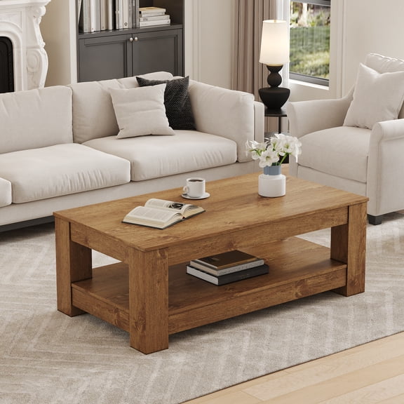 Alvantor Wood Coffee Table Walnut, 43.3 x 23.6in Double Layer MDF Industrial Style for Living Room Bedroom Study