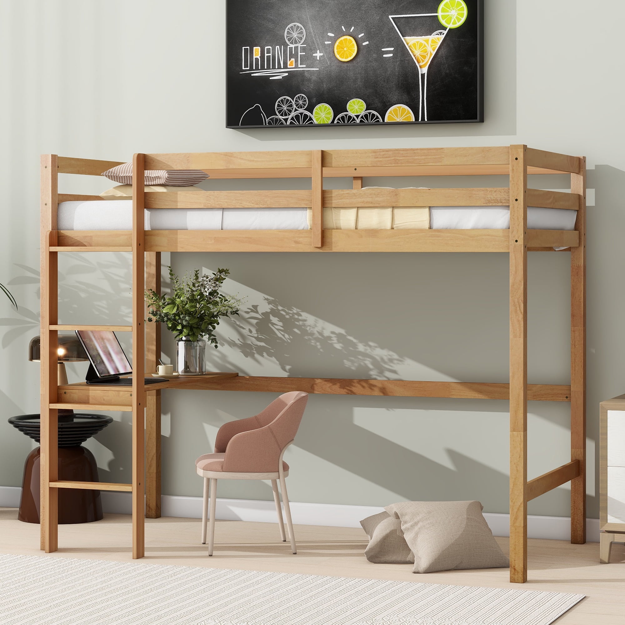 Alvantor Wood Twin Loft Bed with Desk, Safety Rail & Ladder, White Oak