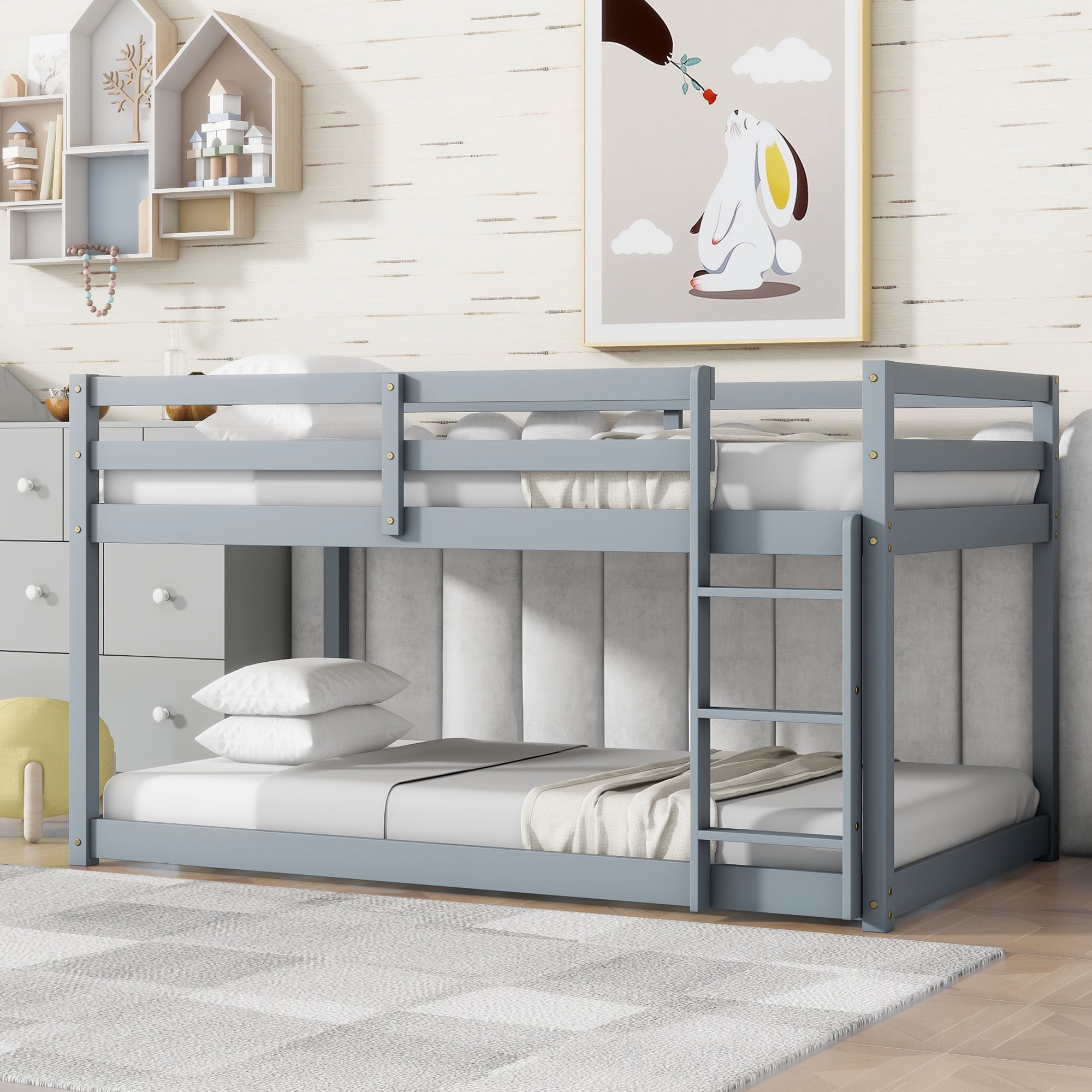 Alvantor Wooden Bunk Bed Twin over Twin Floor Bunk Bed with Safety Rail, Ladder for Children Boys Girls Gray