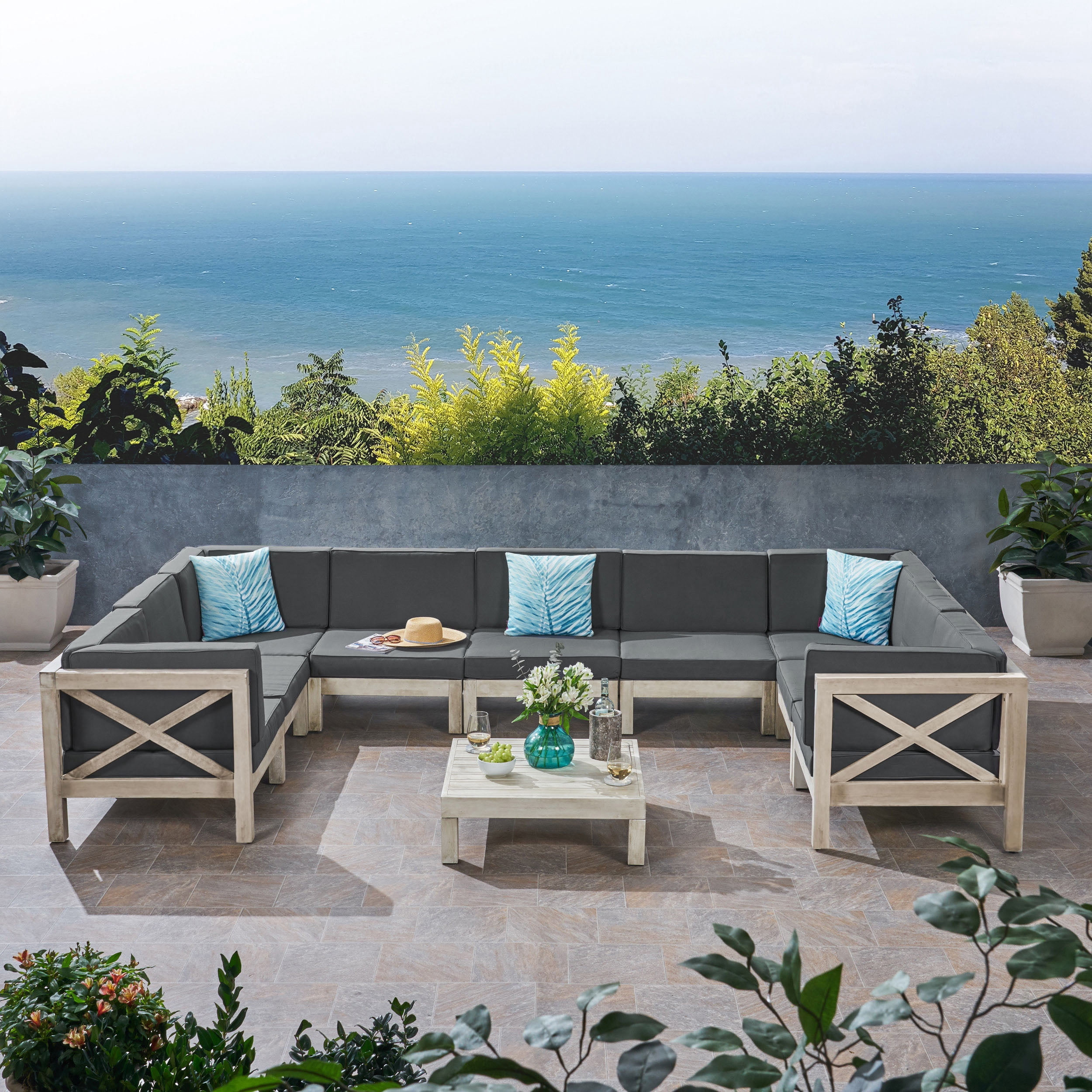 Alvaro Outdoor 9 Seater Acacia Wood Sectional Sofa Set, Weathered Finish, Dark Gray