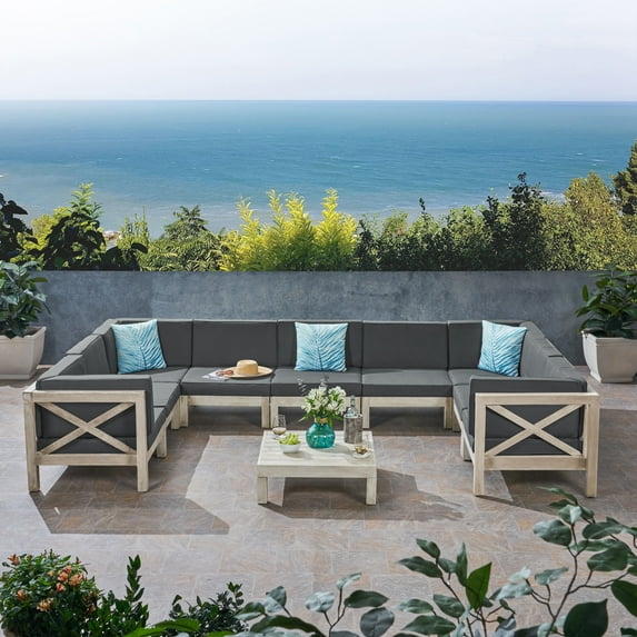Alvaro Outdoor 9 Seater Acacia Wood Sectional Sofa Set, Weathered Finish, Dark Gray