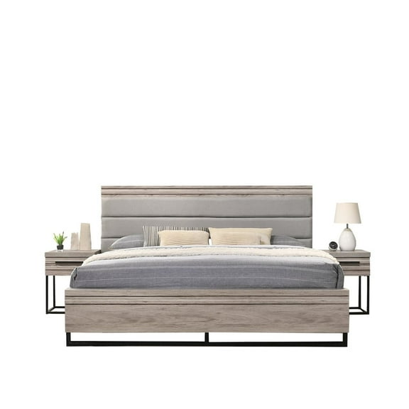 Roundhill Furniture 3-Piece Wood Bedroom Set, Queen Panel Bed and Two Nightstands, Weathered Gray