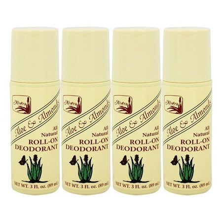 Alvera All Natural Roll-On Deodorant, Aloe Unscented, 3 oz (4 Pack)