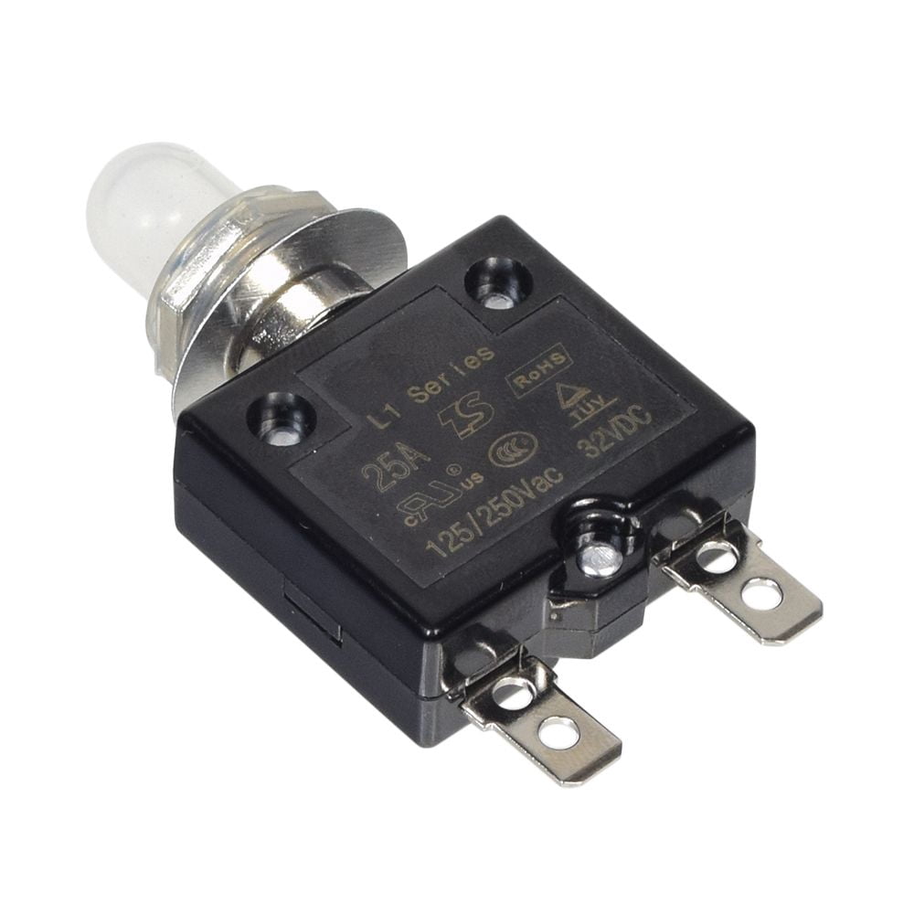 AlveyTech 125/250V AC/32V DC Push-Button Reset Circuit Breaker with 1/4" Quick Tab Terminals (25 Amp)