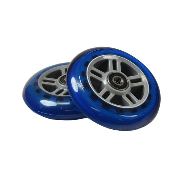 AlveyTech 4" Clear Blue Wheels with 5 Spoke Gray Hub & Bearings, Razor Kick Scooter Parts (Set of 2)