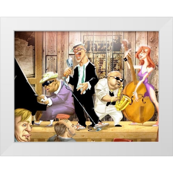 Alvez, A. - Perez, A. 14x12 White Modern Wood Framed Museum Art Print Titled - Musicians Jam Session