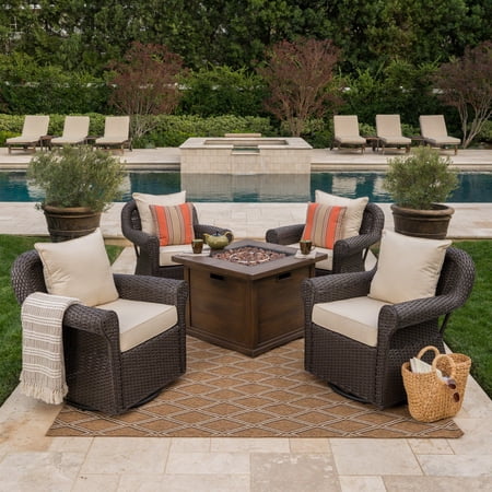 Alvin Outdoor 5 Piece Swivel Wicker Club Chairs with Gas Fire Pit, Dark Brown, Beige, Brown with Wood Pattern