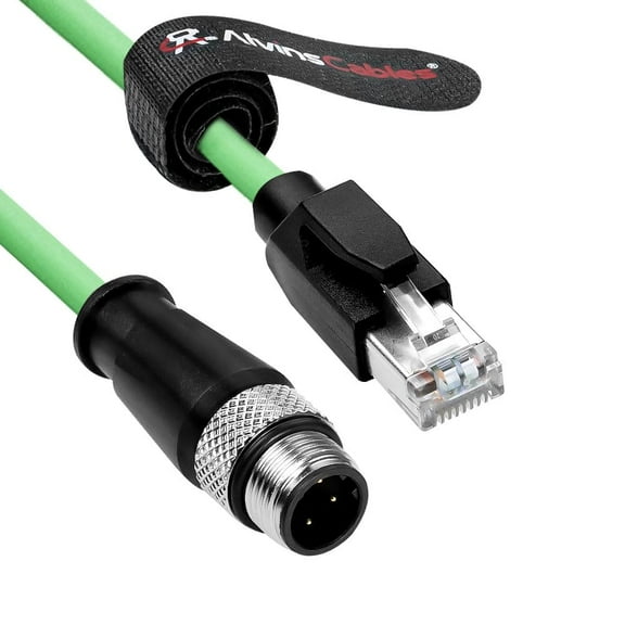 Alvin's Cables M12 D-Code 4 Pin Male to RJ45 Ethernet Cable High-Flex for Industrial Camera Sensor, Automation Application 3.3ft/1m Green