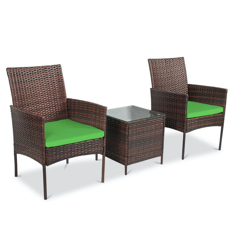 Alvino Patio Bistro Set 3 Piece Outdoor Wicker Furniture Sets Modern Rattan Garden Conversation Chair with Thick Cushion and Glass Top Coffee Table