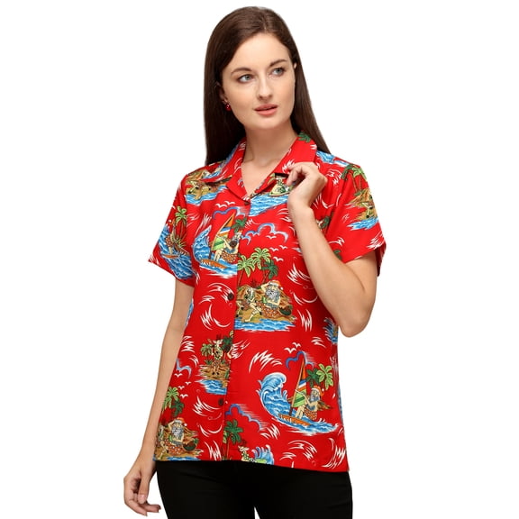 Alvish Hawaiian Shirts 49W Womens Reindeer Santa Beach Aloha Holiday Red XS