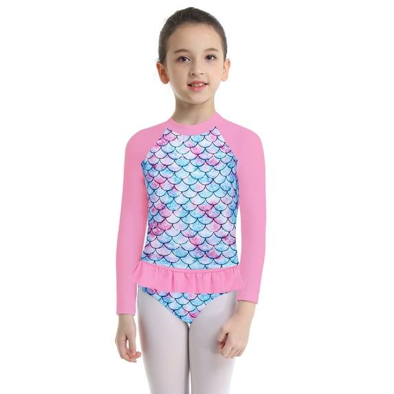 Alvivi 2PCS Kids Girls Swimsuit Set Long Sleeves Rash Guard Shirt Top Ruffles Bottom Bathing Suit Pink 6