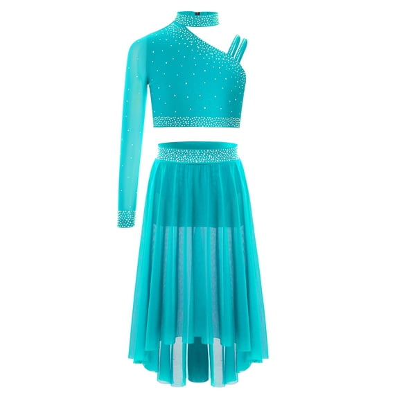 Alvivi 2PCS Lyrical Dance Outfits for Girls Crop Top with Irregular Mesh Skirt Latin Jazz Dancewear Blue Green 8