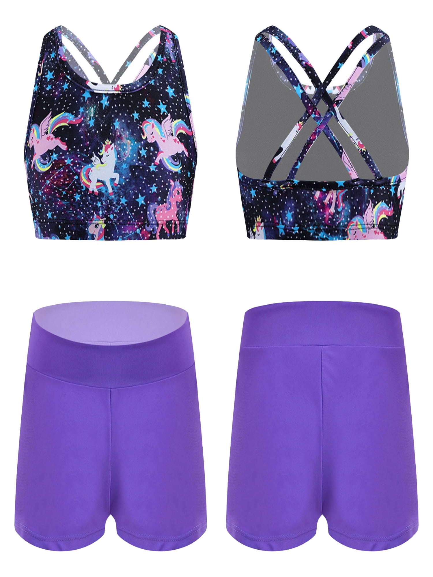 Alvivi 2Pcs Girls Printed Swimsuit Sport Suit Criss Cross Back Tank Top with Booty Shorts