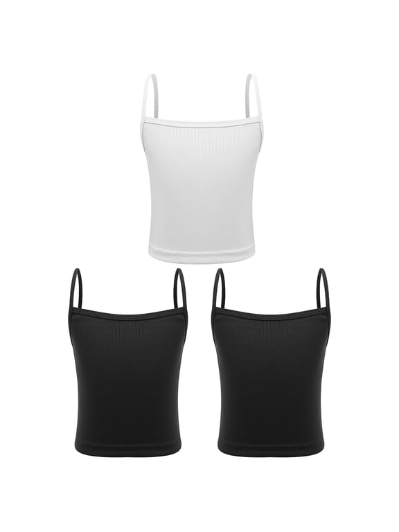 3 Pcs Kids Girls Camisole Spaghetti Strap Racerback Crop Tank Top Dance Workout Athletic Vest Black&Black&White 8-10