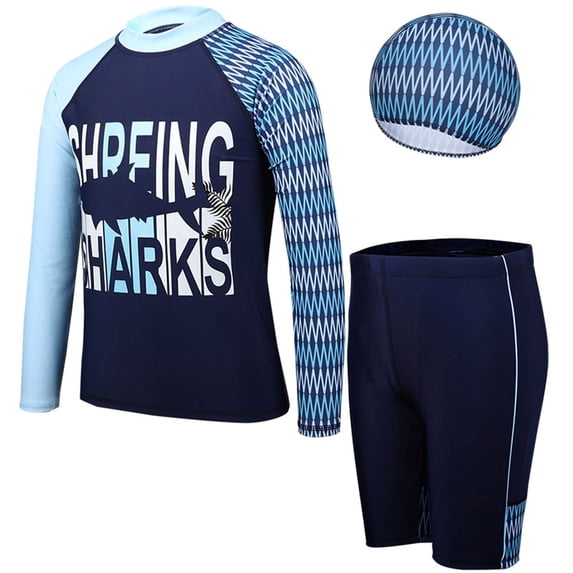 Alvivi 3Pcs Boys Rash Vest with Swing Trunks Hat Set Kids Long Sleeve Rashguard Swimsuit UPF 50+ Navy Blue 11-12