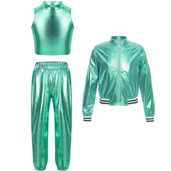 Alvivi 3Pcs Girls Hip Hop Clothes Set Performance Costumes Metallic Bomber Jacket Crop Top with Pants Set Blue Green 16