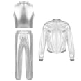 thumbnail image 1 of Alvivi 3Pcs Girls Hip Hop Clothes Set Performance Costumes Metallic Bomber Jacket Crop Top with Pants Set Silver 12, 1 of 5