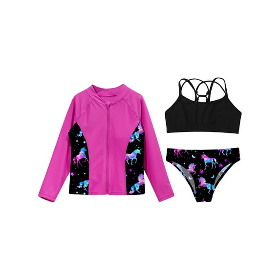 Alvivi 3Pcs Kids Girls Swimsuit Long Sleeve Top with Sleeveless Crop Top and Briefs Rashguard Sets Swimwear Night Pegasus 6