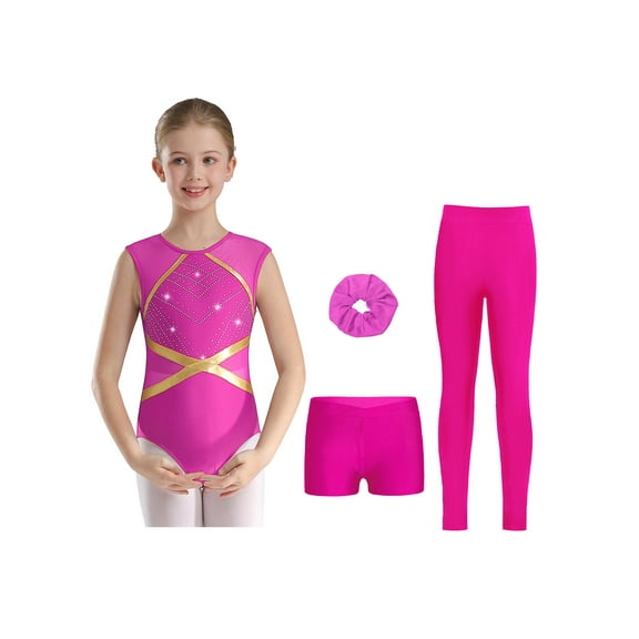 Alvivi 4Pcs Gymnastics Leotards for Girls Sparkle Ballet Dance Bodysuit Tumbling Shorts Headwear Skating Unitard Hot Pink 14