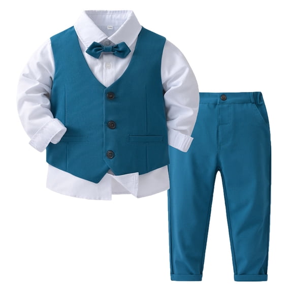 Alvivi Baby Boys Gentlemen Formal Suit Bow Tie Long Sleeve Dress Shirt Button Tuxedo Vest and Pants Outfits Blue 4-5
