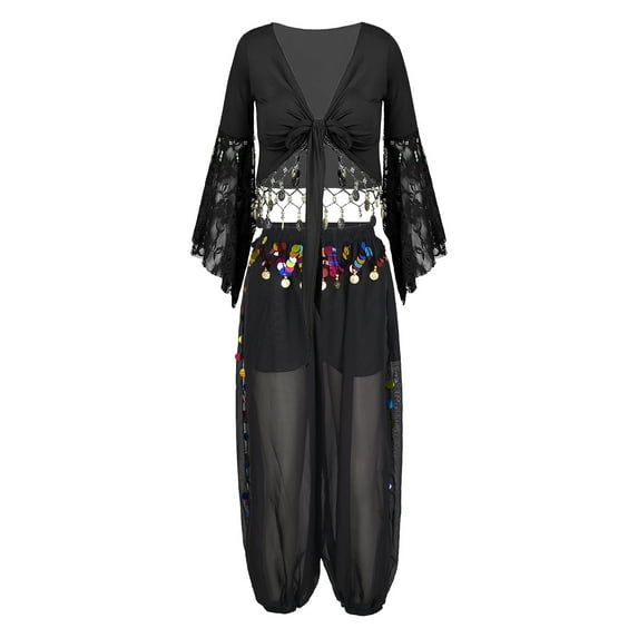 Alvivi Belly Dancer Costume for Women Dance Crop Top with Lantern Pants Arabian Princess Set Black XXL