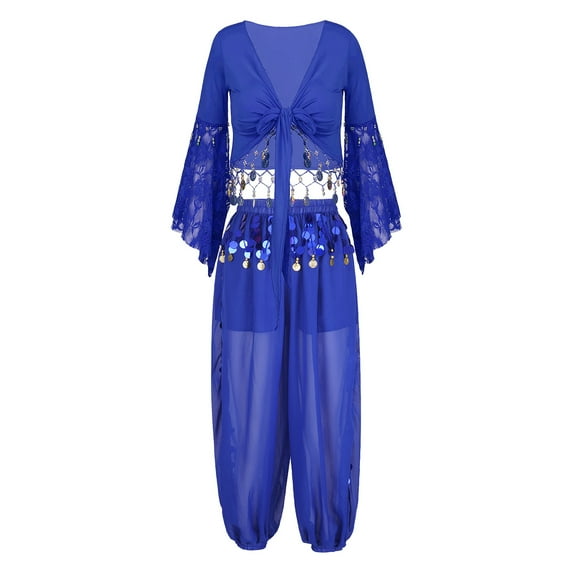 Alvivi Belly Dancer Costume for Women Dance Crop Top with Lantern Pants Arabian Princess Set Royal Blue XXL