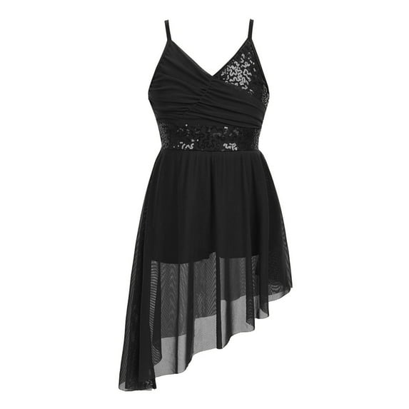 Alvivi Big Girls Sequins V-Neck Lyrical Dress Irregular Hem Ballet Latin Dance Leotard 5-14 Black XXL