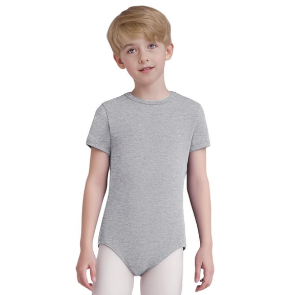 Alvivi Boys One Piece Gymnastics Leotard Short Sleeve Tumbling Unitard Bodysuit for Kids Athletic Dance Bodysuit Grey 10
