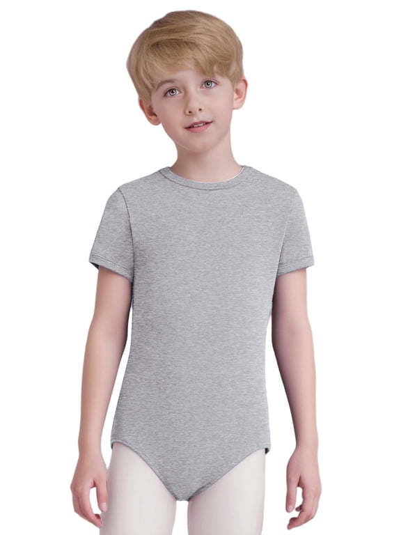 Boys One Piece Gymnastics Leotard Short Sleeve Tumbling Unitard Bodysuit for Kids Athletic Dance Bodysuit Grey 10