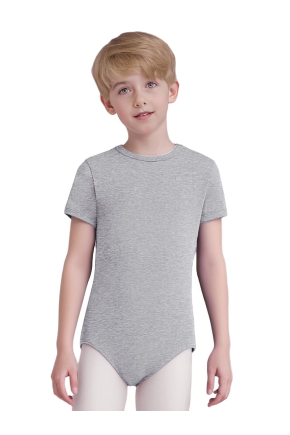 Boys One Piece Gymnastics Leotard Short Sleeve Tumbling Unitard Bodysuit for Kids Athletic Dance Bodysuit Grey 10