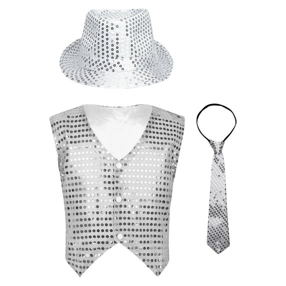 Alvivi Boys Sequins Waistcoat Hip-Hop Street Dance Stage Performance Vest Jacket with Hat Necktie Silver 12-13