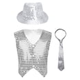 thumbnail image 1 of Alvivi Boys Sequins Waistcoat Hip-Hop Street Dance Stage Performance Vest Jacket with Hat Necktie Silver 7-8, 1 of 5
