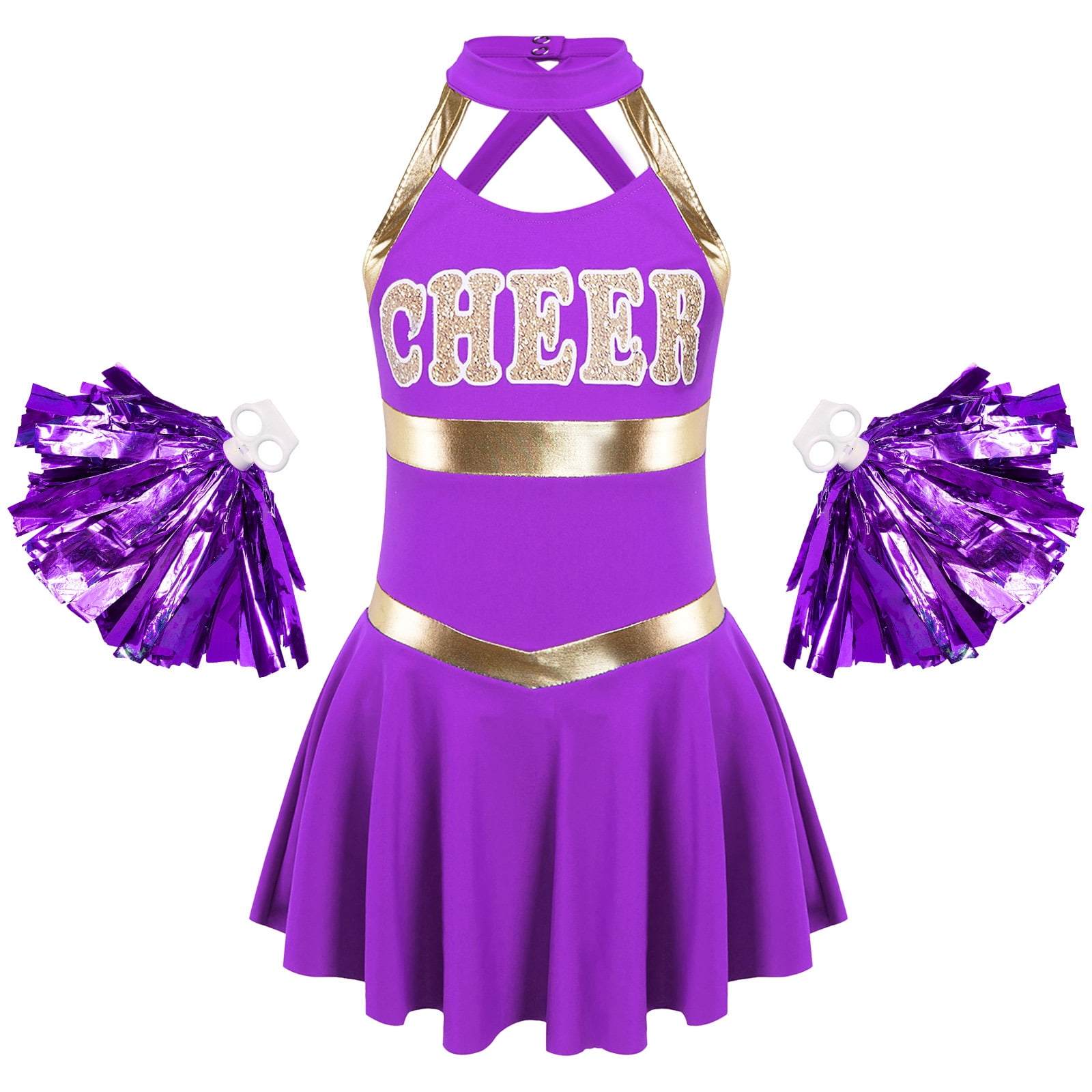 Alvivi Cheer Leader Costume for Girls High School Cheerleading Uniform Outfit Dress with Pom