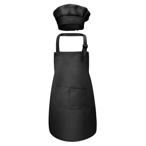 Alvivi Chef Apron and Hat for Boys Girls Cooking Chef Kitchen Apron Chef Cap Bib BBQ Gardening Apron Black Set One Size