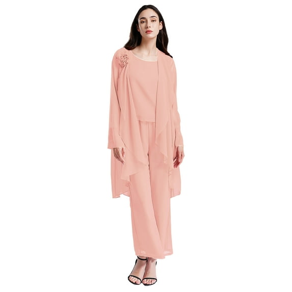 Alvivi Chiffon Mother of The Bride Pant Suits for Women 3Pcs Wedding Formal Outfit Set Evening Gown Pink XL